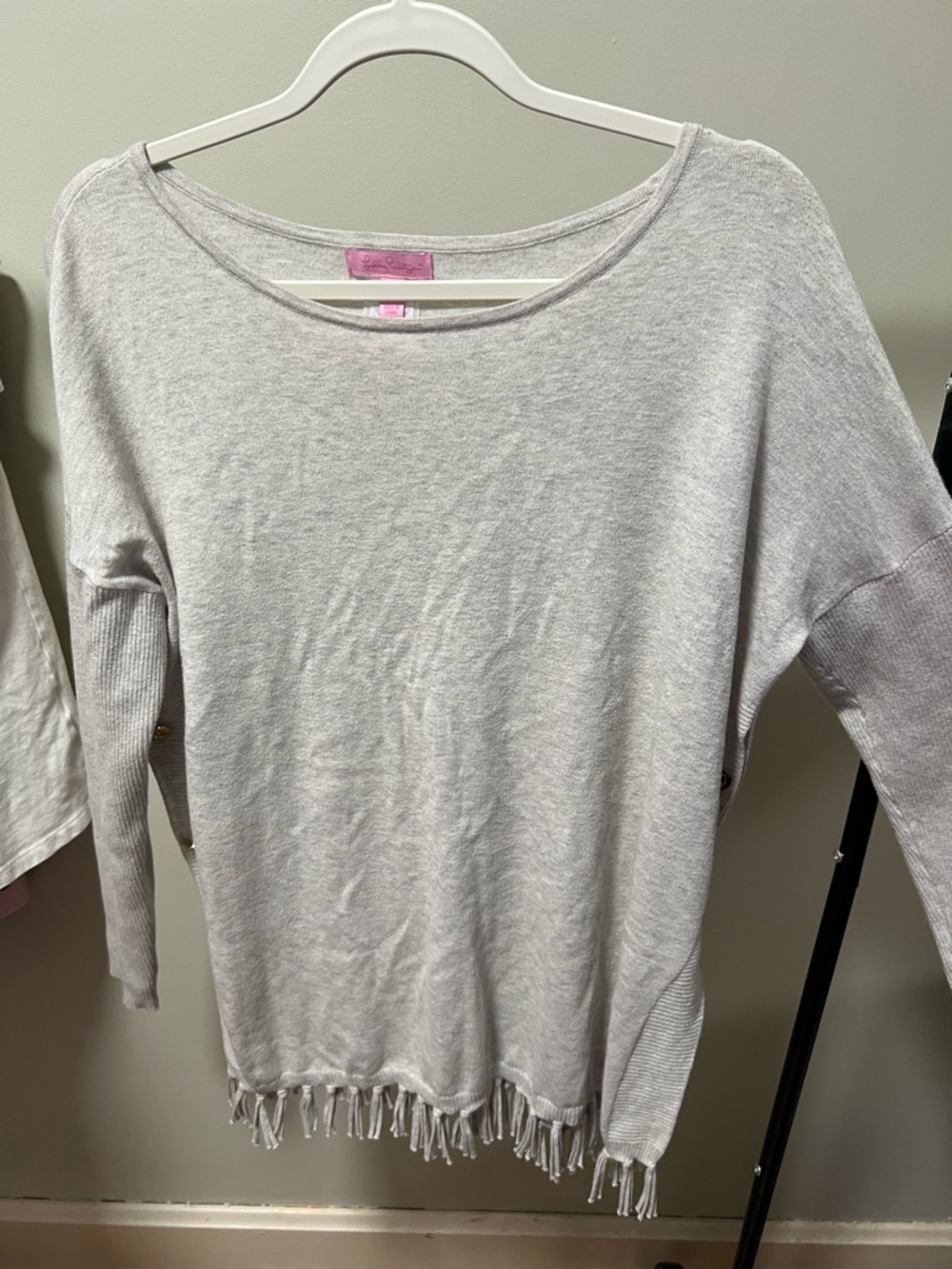 Lilly Pulitzer Light Gray Fringe Hem Pullover Sweatshirt